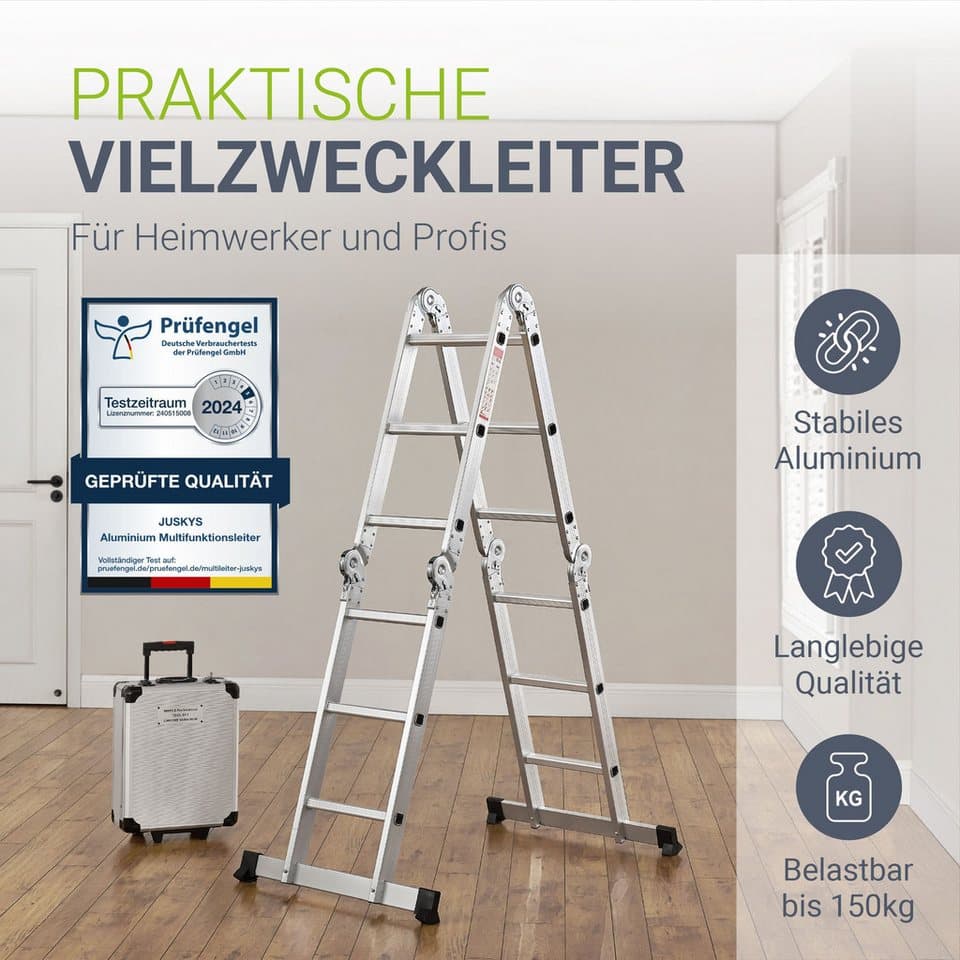 Juskys Multifunktionsleiter, Gelenksystem, rutschfeste Trittflächen, gummierte Standfüße