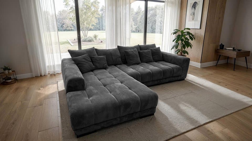 Massivart® Ecksofa ARTEMIS, 300x215 cm, grau, Nosagfederung, inkl. Kissen-Set