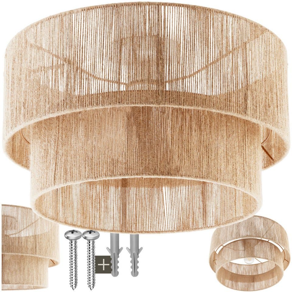 tectake Hängelampe Lignea Lux, Boho Jute-Deckenleuchte mit 2-stufigem Lampenschirm, 40W