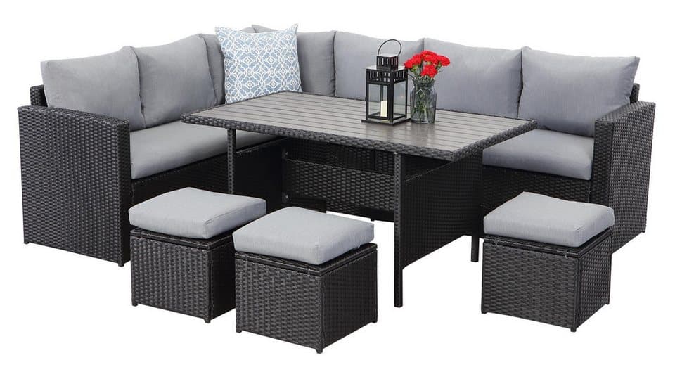 MeXo Rattan Loungeset 8 Personen, wetterfestes 7-teiliges Gartenmöbel Set mit Esstisch 132x76x67cm