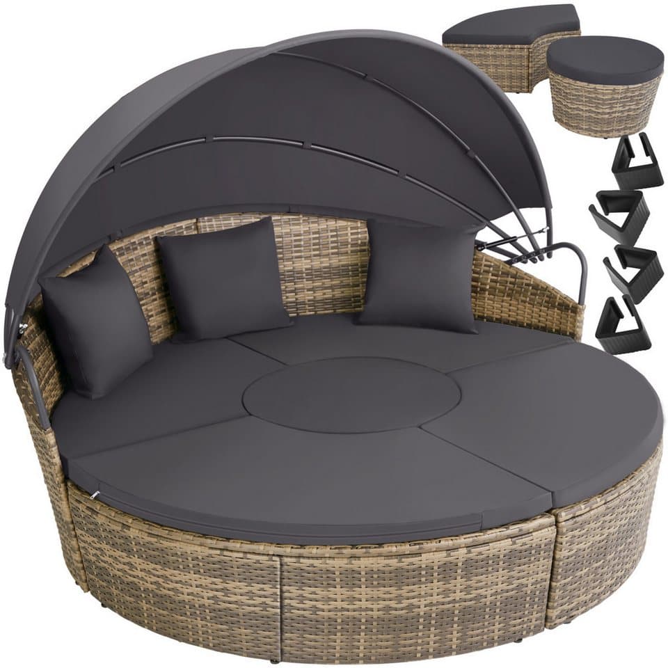 tectake Rattan Sonneninsel Santorin Loungeset, UV-beständig, faltbares Dach mit Gasdruckfedersystem